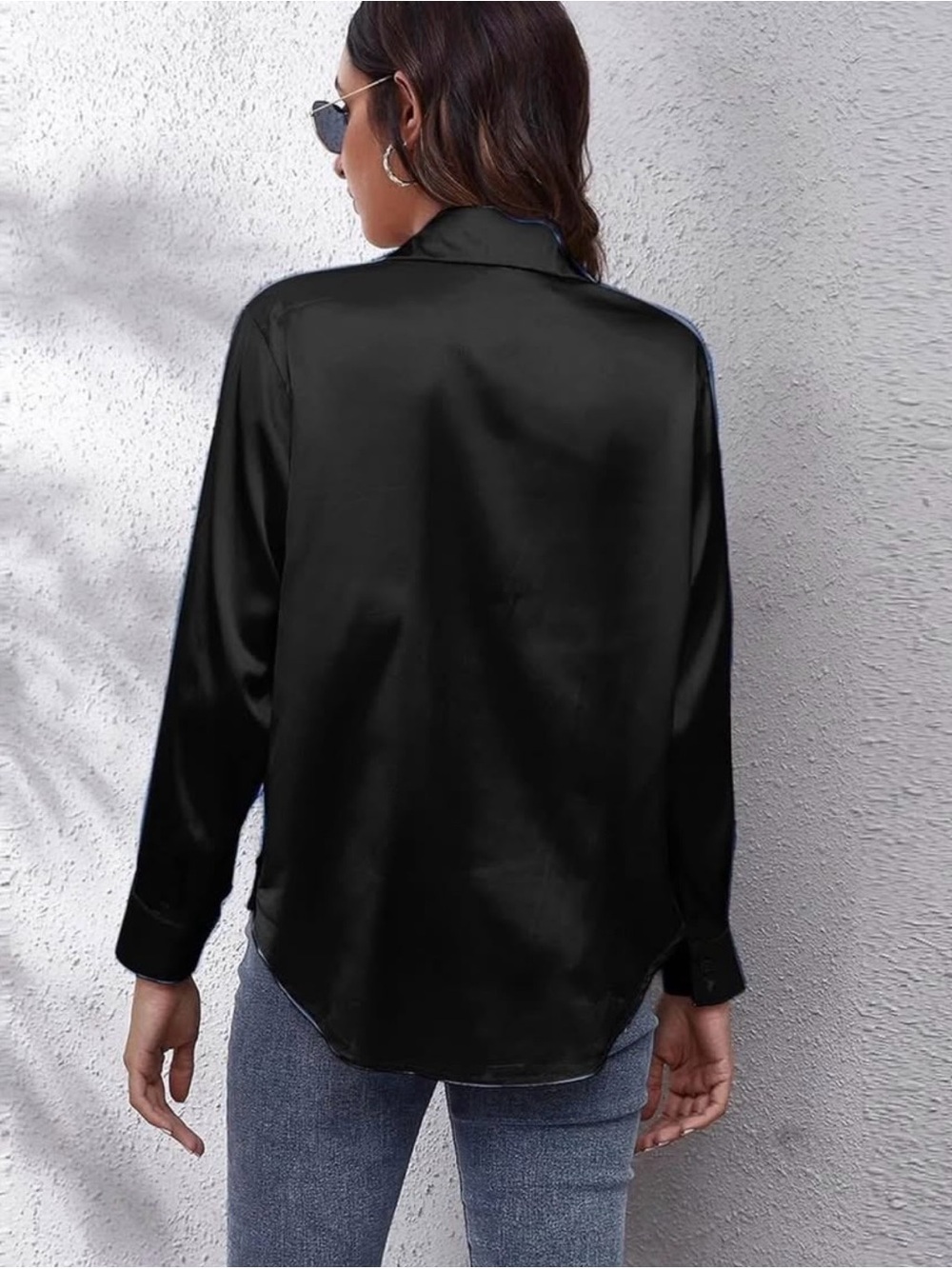Women’s Black Satin Button-Up Blouse - Classic Collared Top - Picture 2 of 7